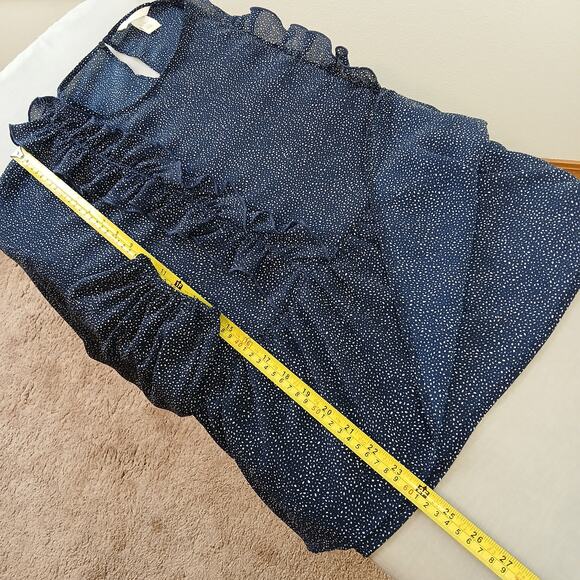 H&M Navy Speckle Ruffled Peplum Blouse 12 sheer retro 80s repaired LS - Picture 12 of 16